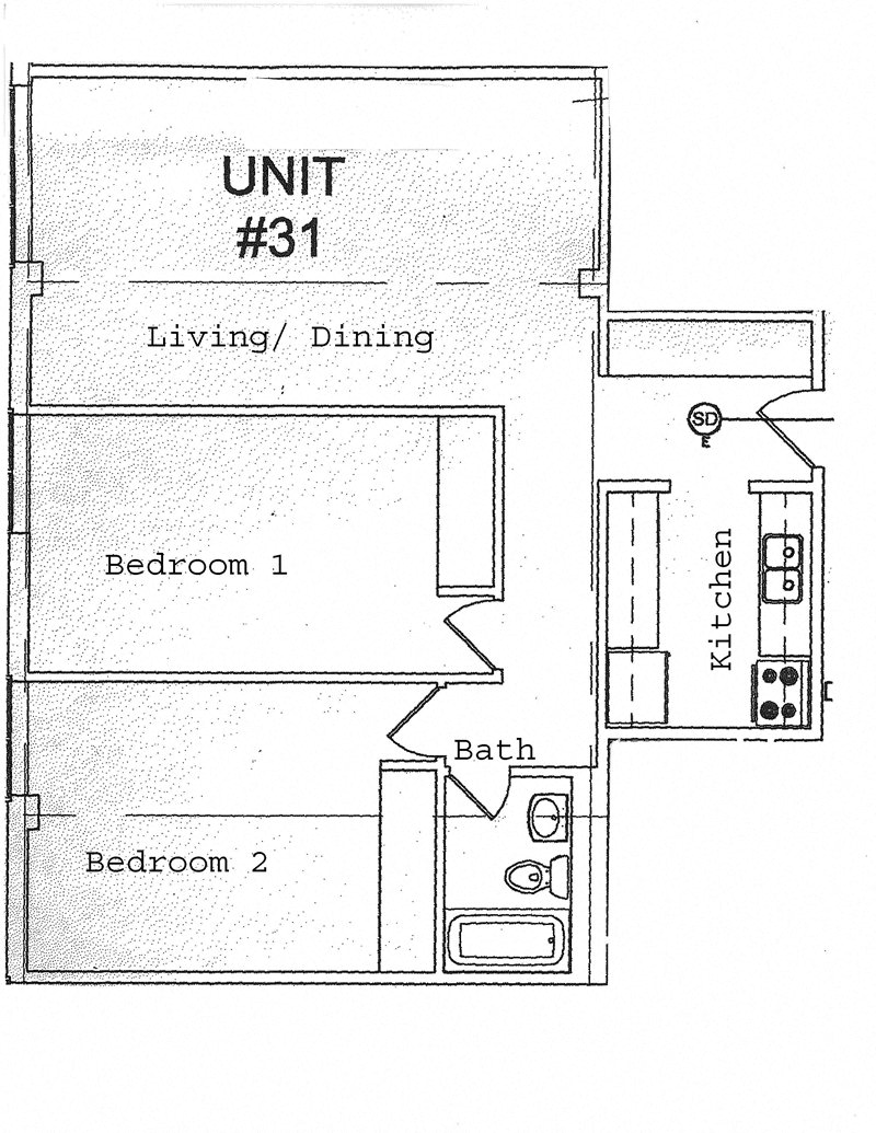 Floor plan for 2 beds, 1 bath, 1000 sqft